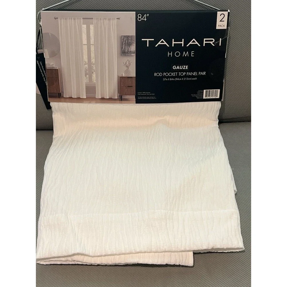 Tahari Home Gauze Rod Pocket Top Window Panel Pair White Textured 84” New